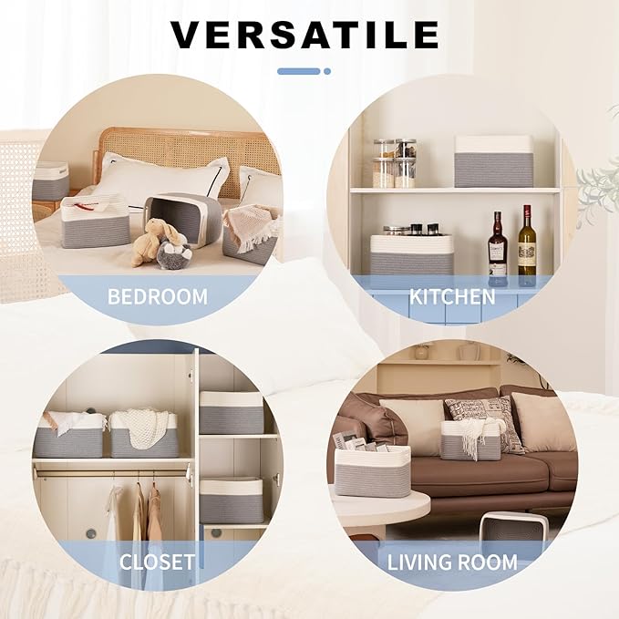 4 Pack Storage Baskets for Organizing, Woven Baskets for Shelves - Perfect for Toys, Books, Towels, and Clothes, Durable Gift Basket Bins Toy Storage, 12.7''L x9''W x7.8''H, Grey and White