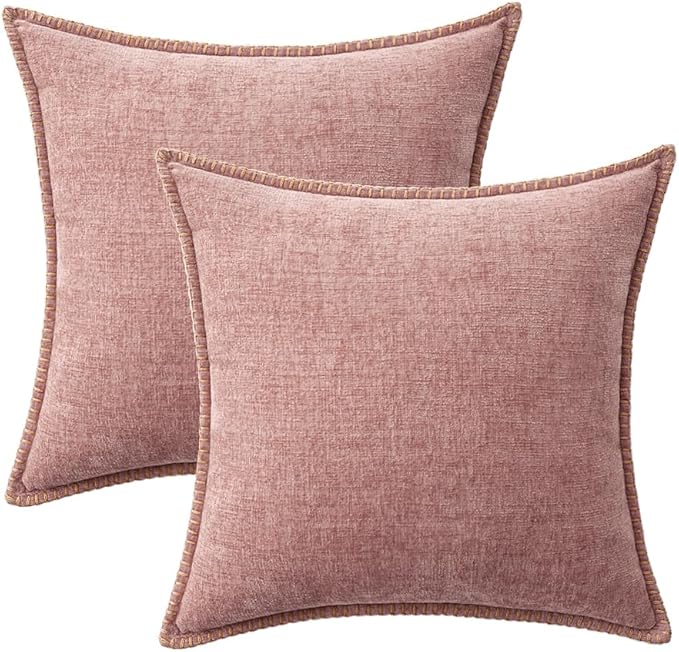 MIULEE Pack of 2 Couch Throw Pillow Covers 18x18 Inch Blush Pink Farmhouse Decorative Pillow Covers with Stitched Edge Soft Chenille Solid Dyed Spring Pillow Covers for Sofa Bed Living Room