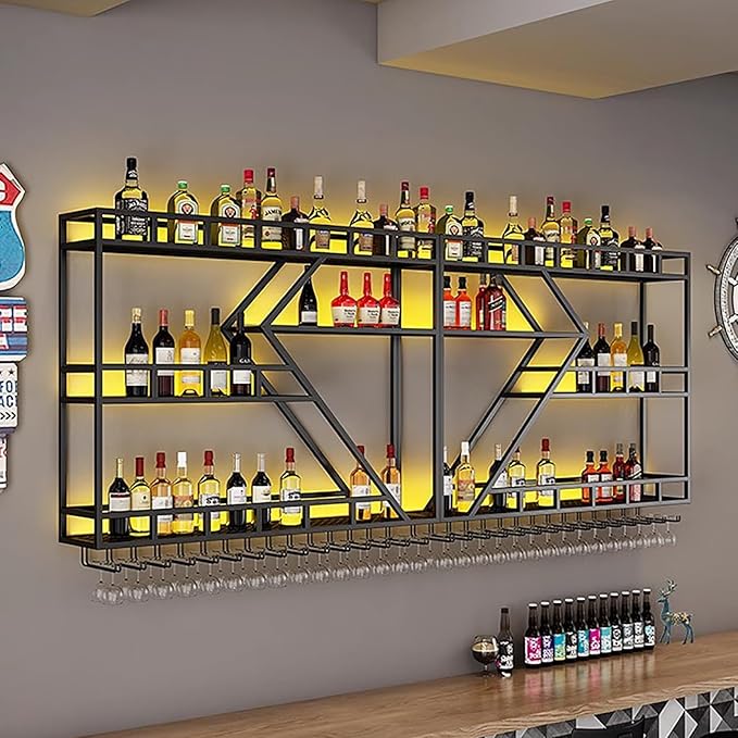 Wall Mounted Wine Rack with Glass Holder, 3-Tier Metal Storage Shelf, Black Diamond Design, Wine Bottle Display with Stemware Storage (Black, 94.48in/240)