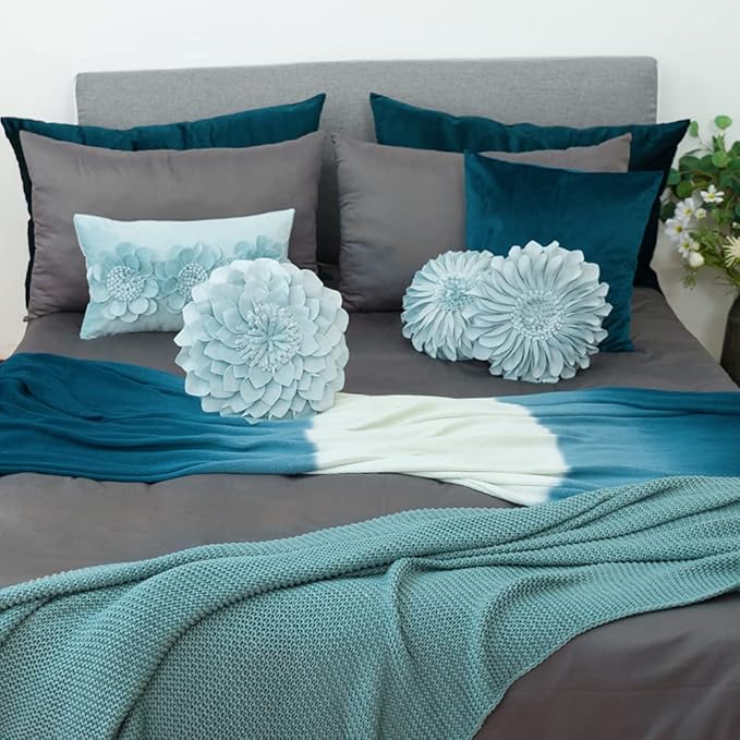 JWH Hand Crafted Flower Throw Pillow Covers Decorative 3D Shaped Cushion Velvet Accent Pillow Case Handmade Pillowcase Bed Bedroom Farmhouse Couch 14 Inch Light Blue