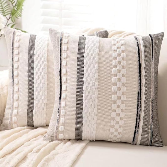 Boho Throw Pillow Covers 18x18 Set of 2 Farmhouse Decorative Cushion Case Striped Square Pillows Cover Chenille Pillow Cases Accent Neutral Pillowcase for Sofa Couch Bed,White