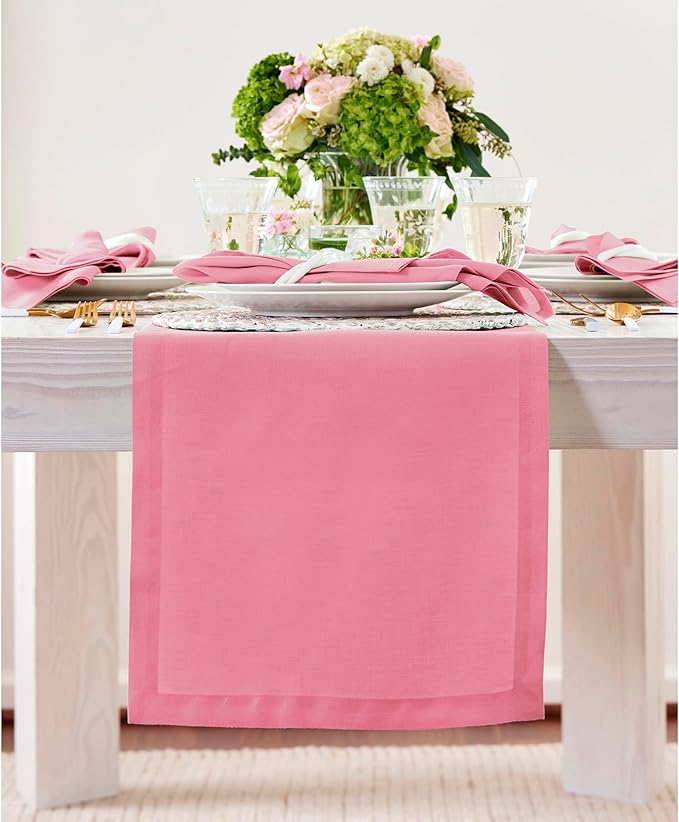 Solino Home Linen Table Runner 36 Inches - 100% Pure Linen Pink Carnation Table Runner 14 x 36 Inch Ideal for Dresser and Coffee Tables - Halloween - Fete