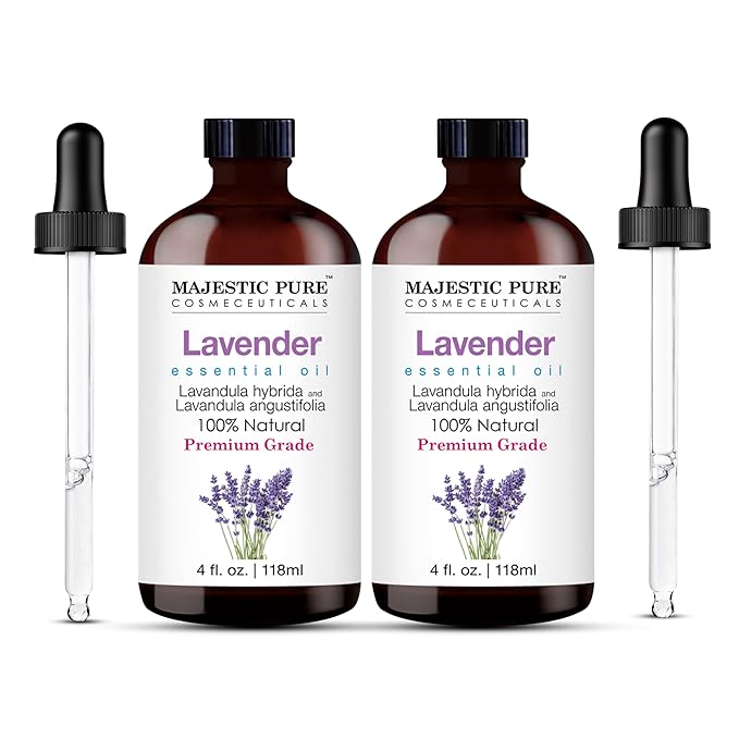 Majestic Pure Lavender Essential Oil with Glass Dropper - 4 Fl Oz Pack of 2-100% Pure and Natural Lavender Oil - Premium Grade Essential Oils for Diffuser, Aromatherapy, Soap and Candle Making