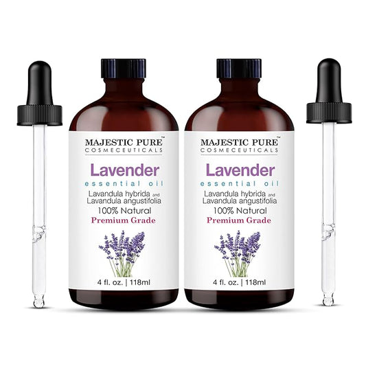 Majestic Pure Lavender Essential Oil with Glass Dropper - 4 Fl Oz Pack of 2-100% Pure and Natural Lavender Oil - Premium Grade Essential Oils for Diffuser, Aromatherapy, Soap and Candle Making