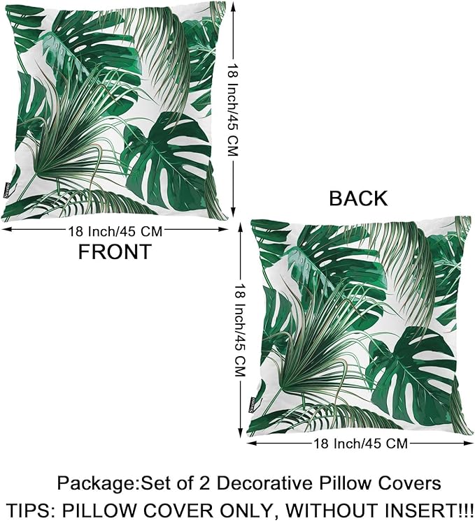 Swono Outdoor Pillow Covers Palm Leaves, Tropical Palm Leaf Home Decorative Throw Pillow Case Cushion Cover for Men/Woman/Bed/Sofa/Office/Car, 18x18 Inch, 2Pcs Pillow Covers, Green Palm