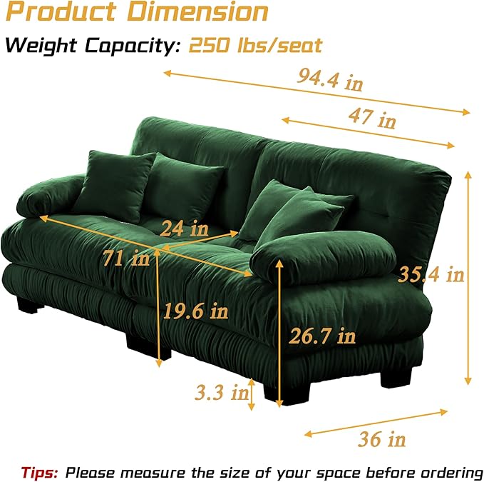 Modular Sectional Sofa, Comfy Cloud Couch Oversized Loveseat, Sectional Couches for Living Room, Modern Chenille Couch for Bedroom, Sleeper Deep Seat Sofa with Throw Pillows, Green