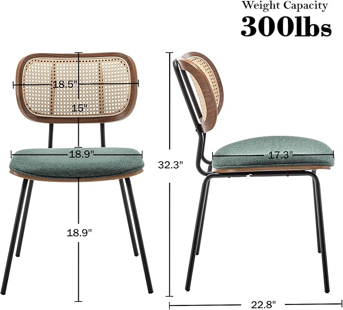 Rattan Dining Chairs Set of 2, Mid Century Modern Dining Chairs with Cane Back for Kitchen Dining Room, 19 Inch Fabric Green