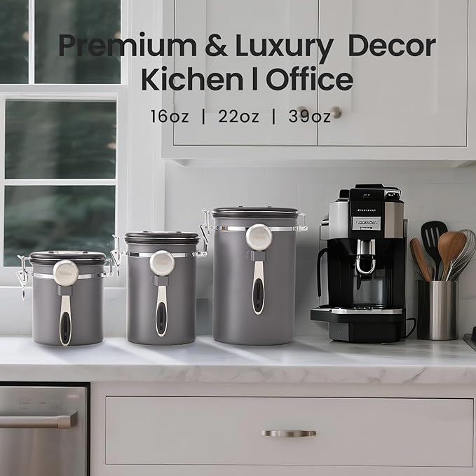 Veken Coffee Canister, 39OZ Large, Airtight Stainless Steel Food Storage Container for 2.2lbs Coffee Beans, Ground, Sugar, Tea, Flour, Rice, Cereal, Cookies Jars, Bar Accessories & Gifts, Silver