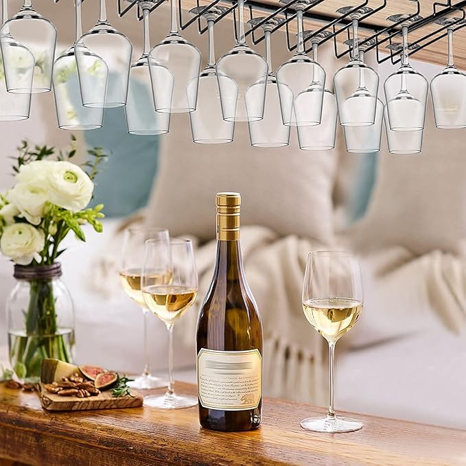 Xverycan Wine Glass Rack Under Cabinet, 8 Row Extreme Large Stemware Hanger, Metal Wine Goblet Holder, DIY Bar Glass Storage Rack for Bar Counter, Kitchen, Screws Included (Black)