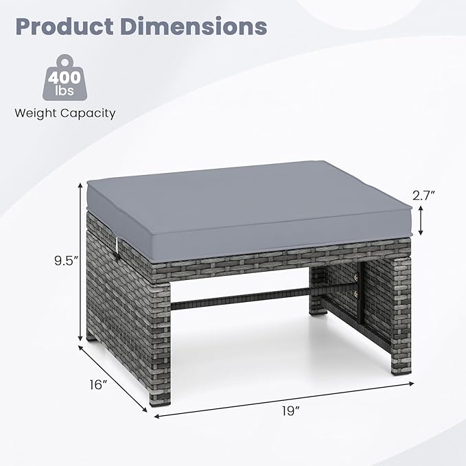 Tangkula 2 Pieces Patio PE Rattan Ottomans, Multipurpose Outdoor Footstool Footrest Additional Seating Side Table with Soft Zippered Cushions for Deck, Garden, and Yard (Gray)