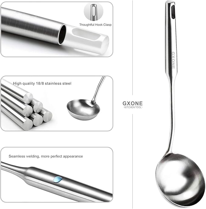 Soup Spoon Ladle,304 Stainless Steel Cooking Spoon Kitchen Tool For Wok With Hollow Handle, Silver/13.9Inch