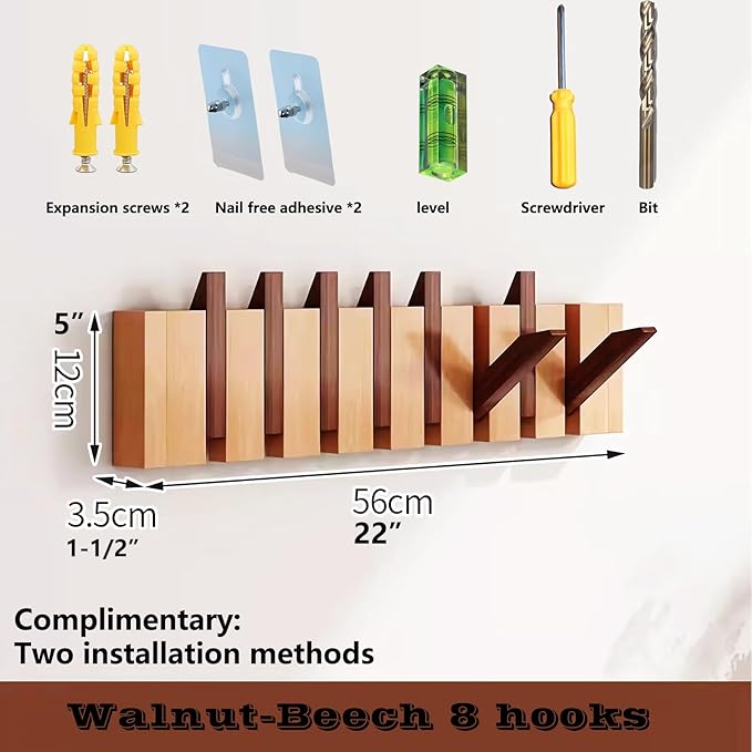 Wall Mounted Piano Key Hanger | Flip Style Hook | Entrance Wall Art Hook, Made of Oak Wood (3 Times Painted, 4 Times Polished) (Walnut-Beech, 8Hooks)