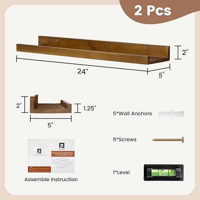 Picture Ledge Wall Shelves 24 inch Width Set of 2, Solid Pine Wood Rustic Floating Ledge Shelves for Wall for Kids' Room Bedroom Kitchen Bathroom Living Room Nursery Display Wall Decor, Walnut