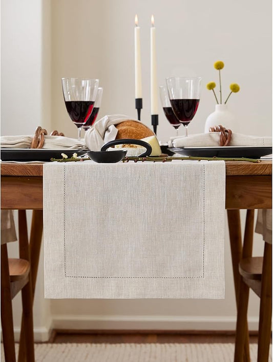Solino Home Linen Light Natural Table Runner 48 Inches - Classic Hemstitch, 100% Pure Linen Coffee Table Runner 14 x 48 Inch Ideal for Dresser Tables - Fall, Autumn, Halloween, Thanksgiving
