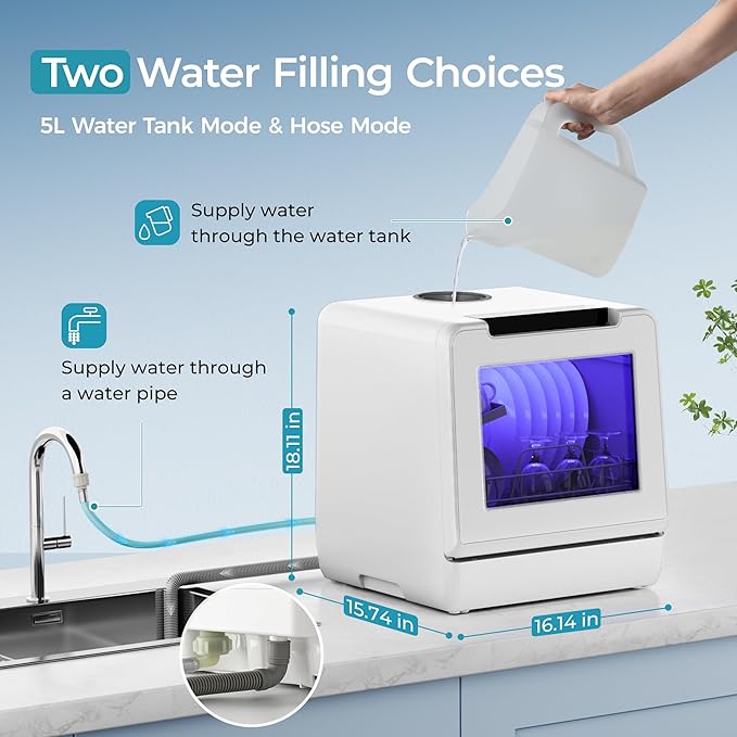 EUHOMY Portable Dishwasher Countertop Dishwashers, 8 Programs Mini Dishwasher, 5L Built-in Water Tank and Inlet hose, Self Clean, Baby Care, Air Dry Function, for Apartments & RVs, No Hookup Needed
