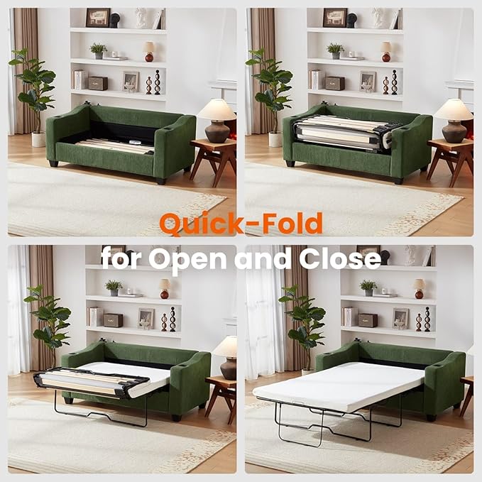 Pull Out Sofa Bed, Full Size Sleeper Sofa, 2-in-1 Convertible Corduroy Couch with USB Charging, Memory Form Couch for Living Room, Apartment and Small Space (Green, Corduroy - Full Size)