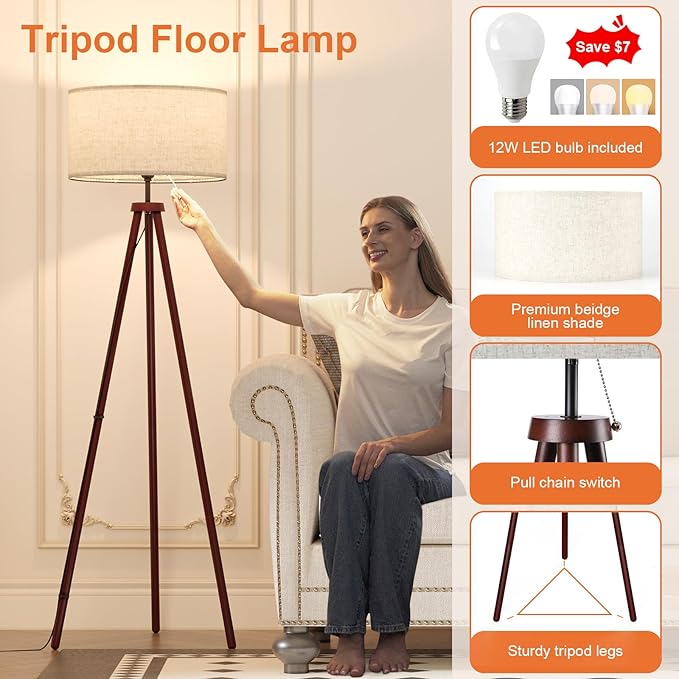 LiteHistory Wood Tripod Floor Lamps for Bedroom, Living Room, and Office, Corner lamp with Beige Linen Shade, 12W Three-Color Bulb Included, Pull Chain Switch, Gifts for mom for Home Decor, Walnut
