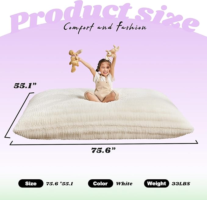 Hobestluk 3 in 1 Bean Bag Chair Giant Bean Bag Chairs for Adults with Ripple Cover Convertible Bean Bag Floor Cushion with Machine Washable Cover for Living Room (Ripple White)