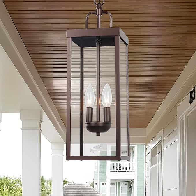 Large Outdoor Pendant Lantern Light Fixture for Front Porch, 20 Inch 2-Light Bronze Exterior Hanging Chandelier with Clear Glass, Outdoor Indoor Pendant Lamp for Patio, Gazebo, RZ008M-H ORB