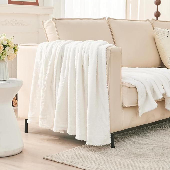 EMME Muslin and Fleece Twin Blanket Reversible - 60"*80" Cream Soft Warm Throw Blankets for Couch Bed Picnic Travel Bed