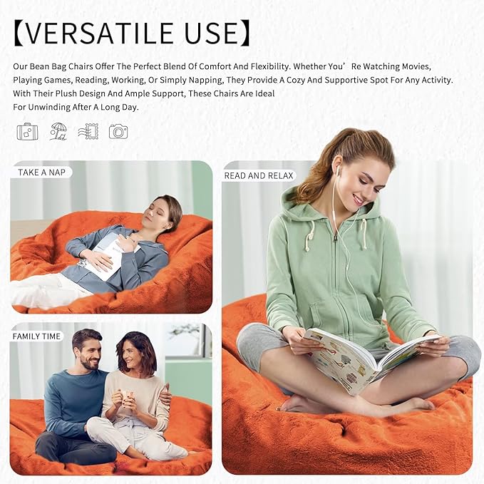 Bean Bag Chair for Adults 4FT,Soft Removable Cover for Teens/Girls Bedroom,Fluffy Giant Round Floor Beanbag Lounger Chairs (No Filler,Orange)