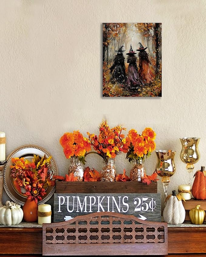 Halloween Canvas Wall Art, Vintage Three Witches Poster, Gothic Dark Academia Wall Decor, Spooky Halloween Decor for Living Room, Bedroom & Bathroom, Framed Fall Decorations Indoor