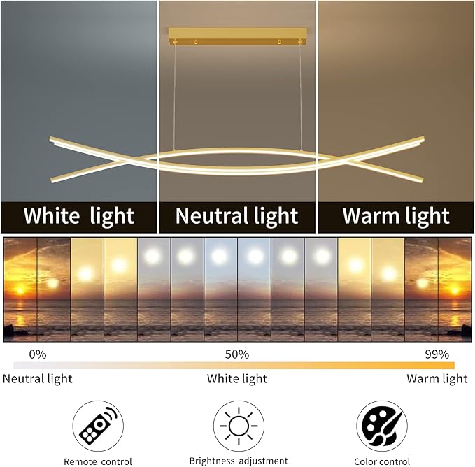 Modern Chandelier, Linear Pendant Light LED Dimmable Hanging Light Fixture, 3000K-6000K with Remote Control (Gold, 47IN)
