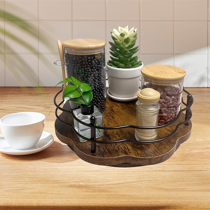 2 Pack, 11" & 12" Wooden Lazy Susan Turntable with Higher Metal Sides, 360° Rotating Lazy Susan Organization and Storage for Cabinet, Table Top, Kitchen, Countertop, Dining Table, Pantry, Coffee Bar