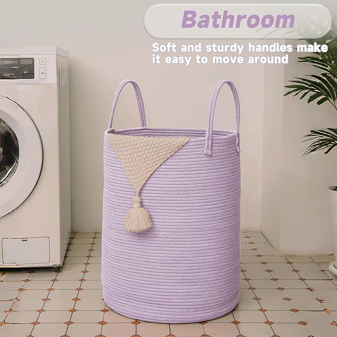 Large Woven Laundry Basket Hamper,60L Cotton Rope Storage Bin for Blankets,Toys and Clothes,Decorative Tall Nursery Hamper for Living Room,Baby Nursery,Bathroom and Bedroom,Purple