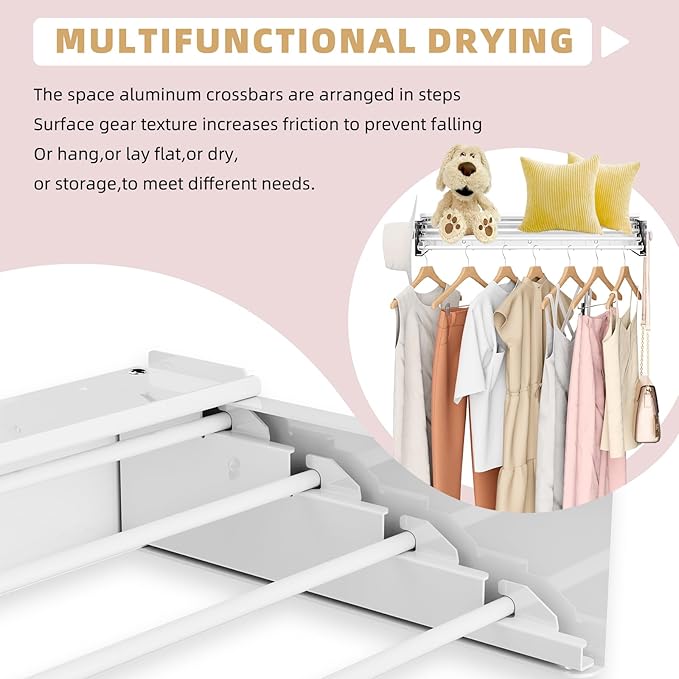 Wall Mounted Drying Rack with 4 Hooks and Shelf, Foldable Clothes Drying Rack for Laundry Room, Collapsible Laundry Rack Wall Mount, for Indoor Outdoor Hanging Clothes, 23.6 Inch