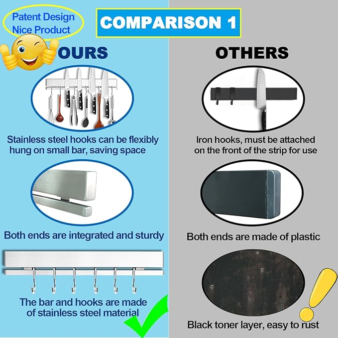 YIIYIIN 12" Premium 304 Stainless Steel Double-Sided Magnetic Knife Holder for Wall or Fridge -with Adhesive Strip, No Drill -6 Hooks Included for Kitchen Utensils