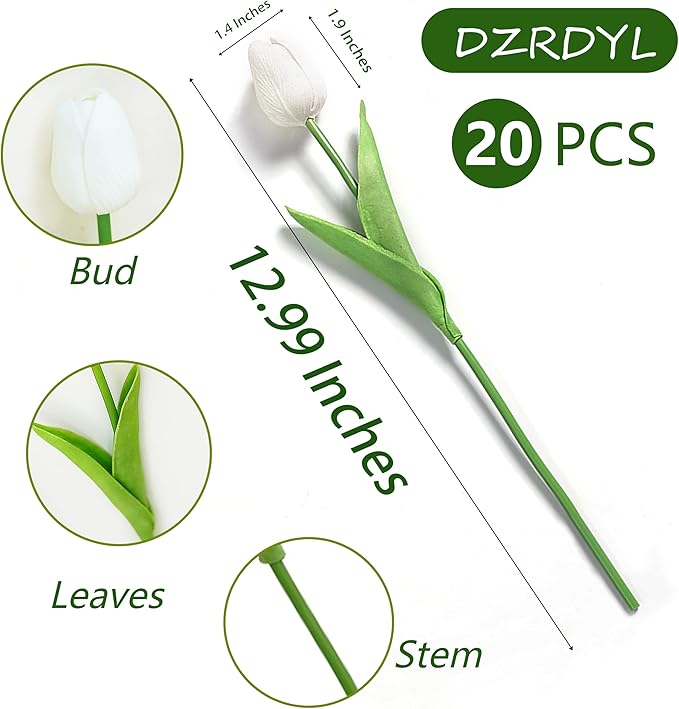 20pcs White Artificial Tulip Fake Flower 12.9 Inch Spring Mother's Day Easter Gift for Home Kitchen Wedding Decoration