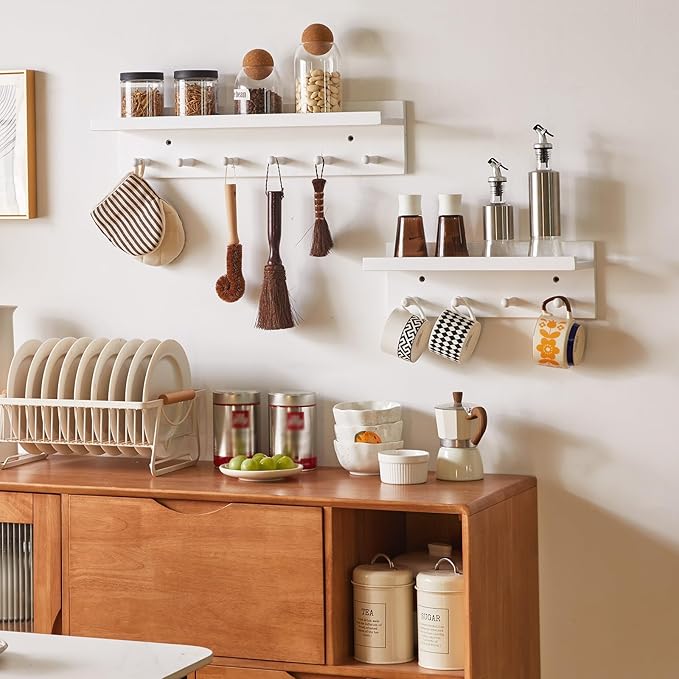 Wood Coat Hook with Wall-Mounted Shelf,23.62in Entryway Wall Hanging Shelf,for Bathroom, Kitchen,Coat Towel Key Organizer White YD-WS0260W