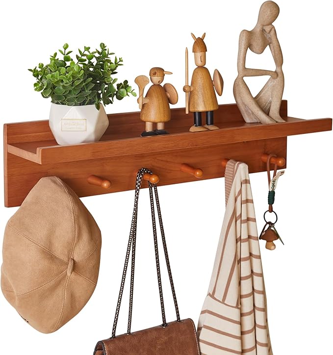 Wall Mounted Hook with Shelf,23.62in Entryway Wall Hanging Shelf,Solid Wood Coat Hooks,for Bathroom, Kitchen,Cherry Wood Color YD-WS0260C
