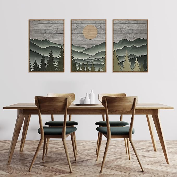 HLNIUC Mountain Framed Canvas Wall Art,Large Green Forest Woodcut Wall Decor Set of 3(16”x24”)Abstract Sun Forest Pine Trees Wall Painting,Rustic Sun Nature Landscape Art Print for Living Room,Bedroom