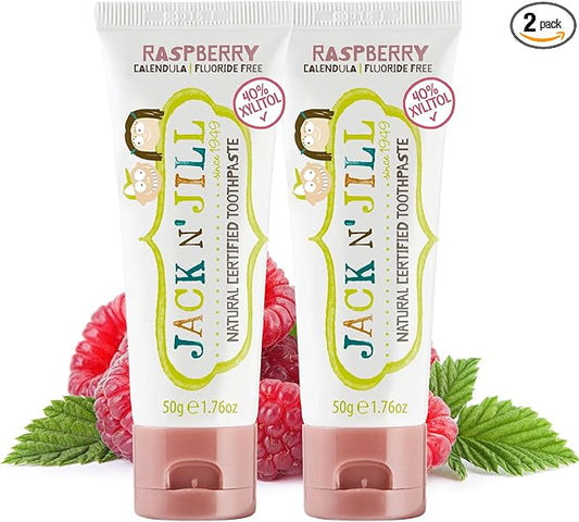 Jack N' Jill Natural Toothpaste for Baby and Infants - Fluoride Free Training Toothpaste, 40% Xylitol, BPA Free - Raspberry, 1.76 oz (Pack of 2)