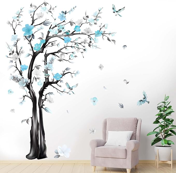 Large Watercolor Tree Wall Decals - Flower Tree Branch Wall Stickers - Bedroom Living Room Sofa TV Background Home Wall Decor