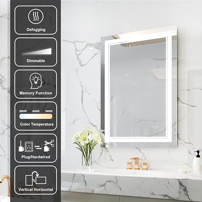WELLFOR LED Bathroom Vanity Mirror 24 x 36 Inch, Lighted Anti-Fog Dimmable Mirror, IP44 Waterproof Wall Mounted Makeup Mirror, Packed with US Standard Plug and Touch Switch, (Horizontal/Vertical)