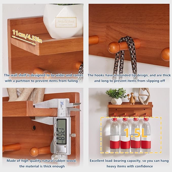 Wall Mounted Hook with Shelf,15.75in Entryway Wall Hanging Shelf,Solid Wood Coat Hooks,for Bathroom, Kitchen,Cherry Wood Color YD-WS0240C