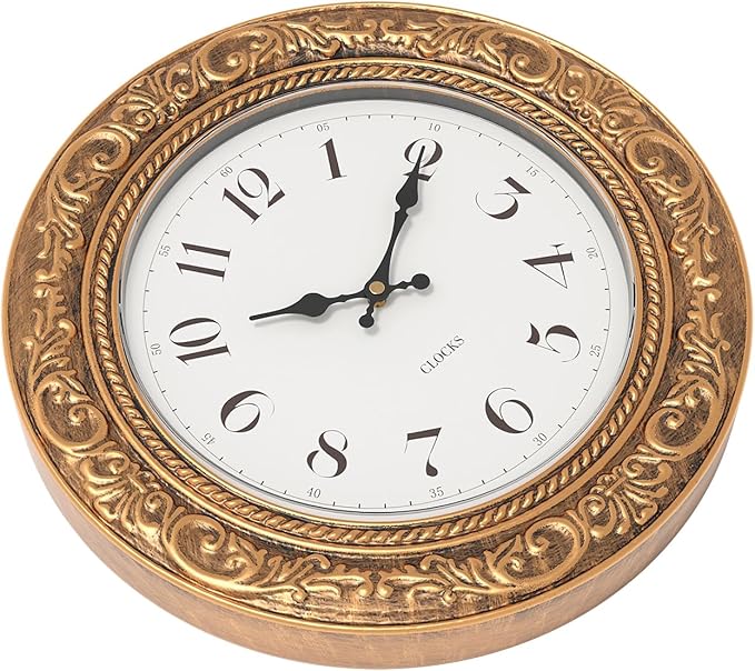 Menterry European Vintage Decorative Wall Clock, 12" Antique Gold Style, Battery Operated Wall Clocks for Kitchen, Bedroom, Farmhouse, Bathroom, Offices