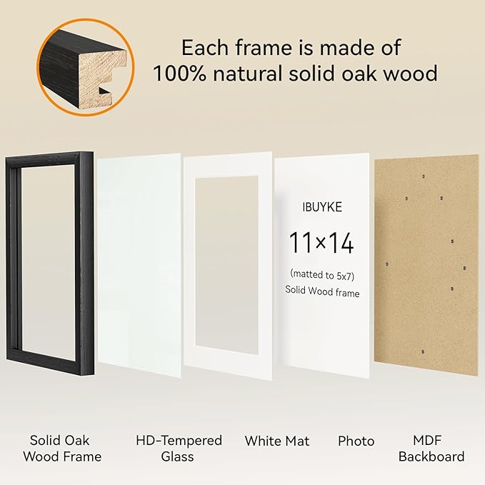 IBUYKE 11 x14 Picture Frame,Solid Oak Wood 11x14 Photo Frame with Mat to 8x10,11x14 Picture Frames With Tempered Glass,Wall Mount Display,Home Decor,Black Oak 14 x 11 Frame,UWPF1114B
