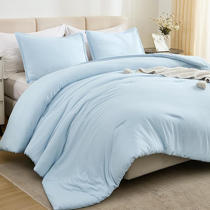 Litanika Comforters Light Blue Queen Size, 3 Pieces Lightweight Solid Bedding Comforter Set, All Season Fluffy Bed Set (90x90In Comforter & 2 Pillowcases)