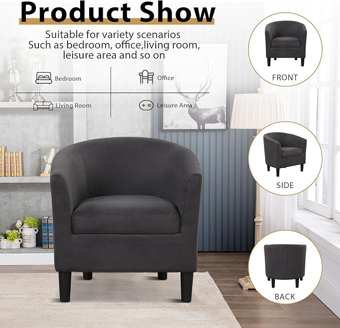 INZOY Modern Accent Chair with Ottoman for Small Space, Club Chair with Ottoman Set, Comfy Fabric Barrel Reading Chairs for Living Room Bedroom, Round Reading Chair with Foot Rest, Dark Grey
