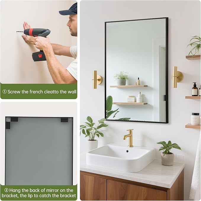 FARMER 24x36 Inch Black Bathroom Mirror, Rectangle Wall Mounted Mirror, Vanity Mirror, Brushed Square Mirror, Framed Bathroom Mirror for Bedrooms, Entryways, Living Rooms, Horizontal/Vertical