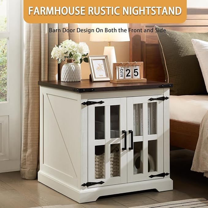 Farmhouse End Table with Charging Station,24" Large Side Table with Glass Barn Door, Rustic Wood Nightstand Bedside Table with Adjustable Storage Shelf for Living Room, Bedroom,White,2 Pack