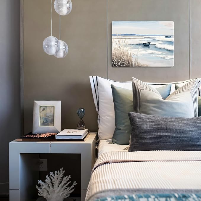 amatop Coastal Wall Art - Nautical Ocean Canvas Print with Light Blue & White Seascape, Boat, Reeds - Beach Picture for Modern Farmhouse, Lake House, Bedroom, Bathroom, Beach-Themed Artwork，16x12