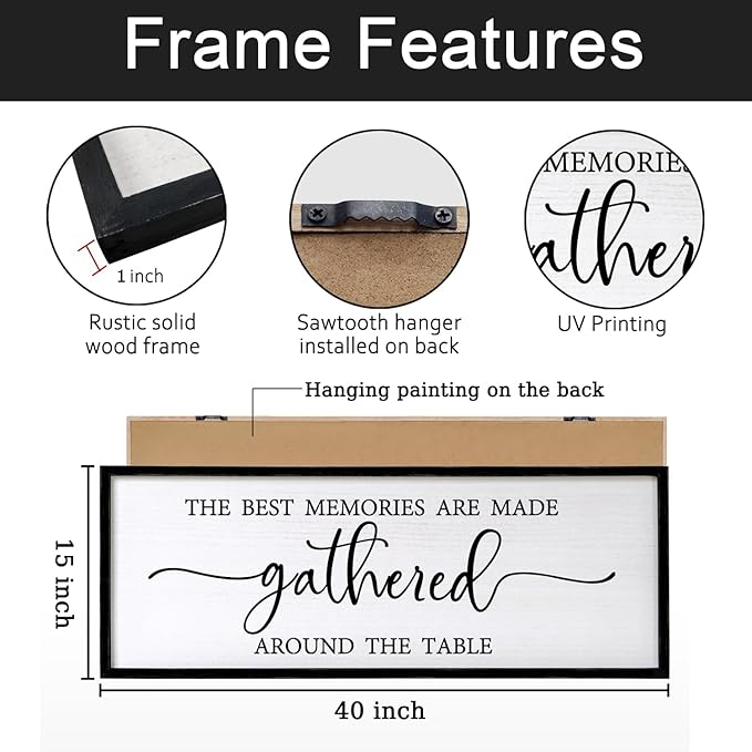 The Best Memories are Made Gathered Around The Table Sign Framed Wall Art, 40''×15'' Rustic Horizontal Plaque with Black Frame for Dinning Living Room, Long Home Family Wood Sign Wall Decor