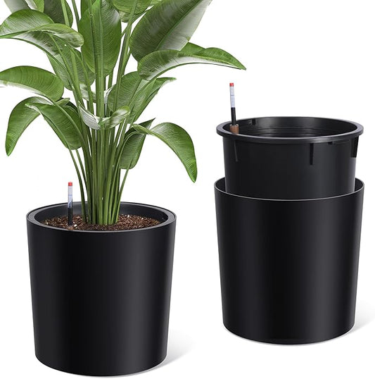 Tall Round Planter Set of 2, 19.5‘’ H x 19.9" Dia Large Planters for Indoor Plants with Built-in Drainage and a Water Level Monitor and Wheels for Patio, Porch, Living Room, or Home Office, Black