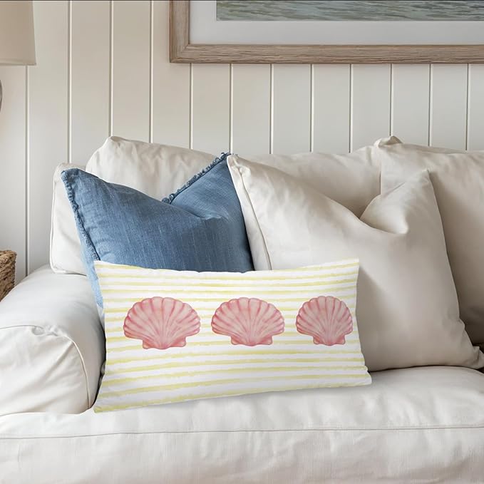 Coastal Girly Room Decor 12x20 Pillow Cover, Preppy Beach Pink Seashell Yellow Striped Decorative Lumbar Pillow Covers for Girls Bedroom College Dorm Sofa Couch