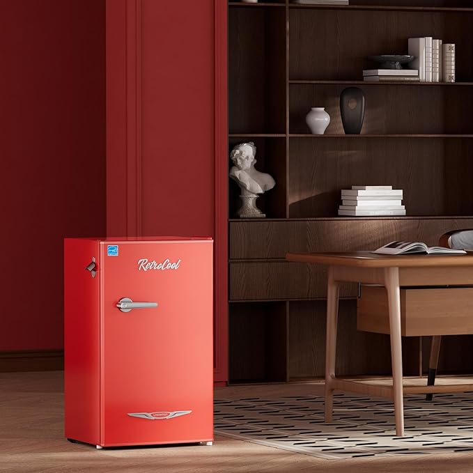Upstreman 3.2 Cu.Ft Retro Mini Fridge with Bottle Opener, Energy Saving, Adjustable Thermostat, Metal Handle, LED Lamp, Mini Refrigerator for Bedroom, Office, Dorm-BR321 PRO (Red)
